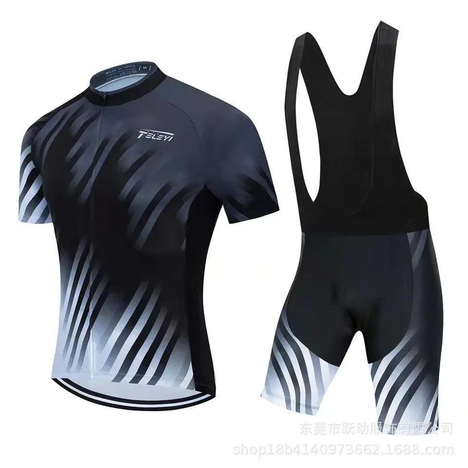 Cycling jersey and padded shorts set for summer mountain and road biking with moisture-wicking fabric