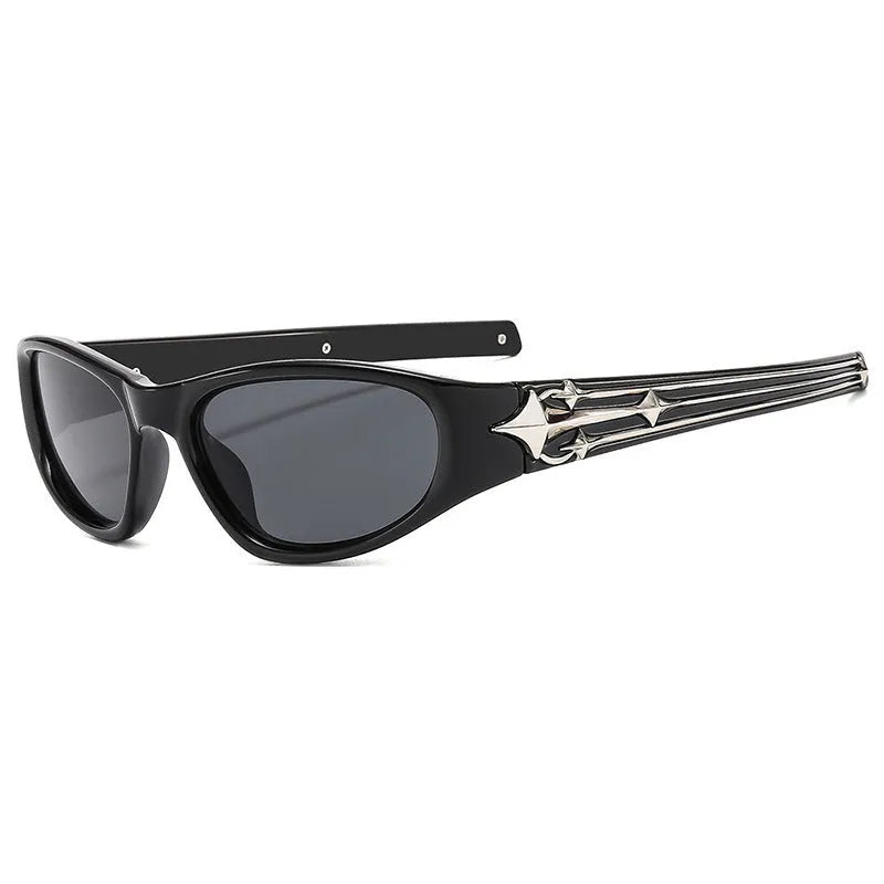 Outdoor sports sunglasses with PC frame in black with blue lens, windproof design for active wear