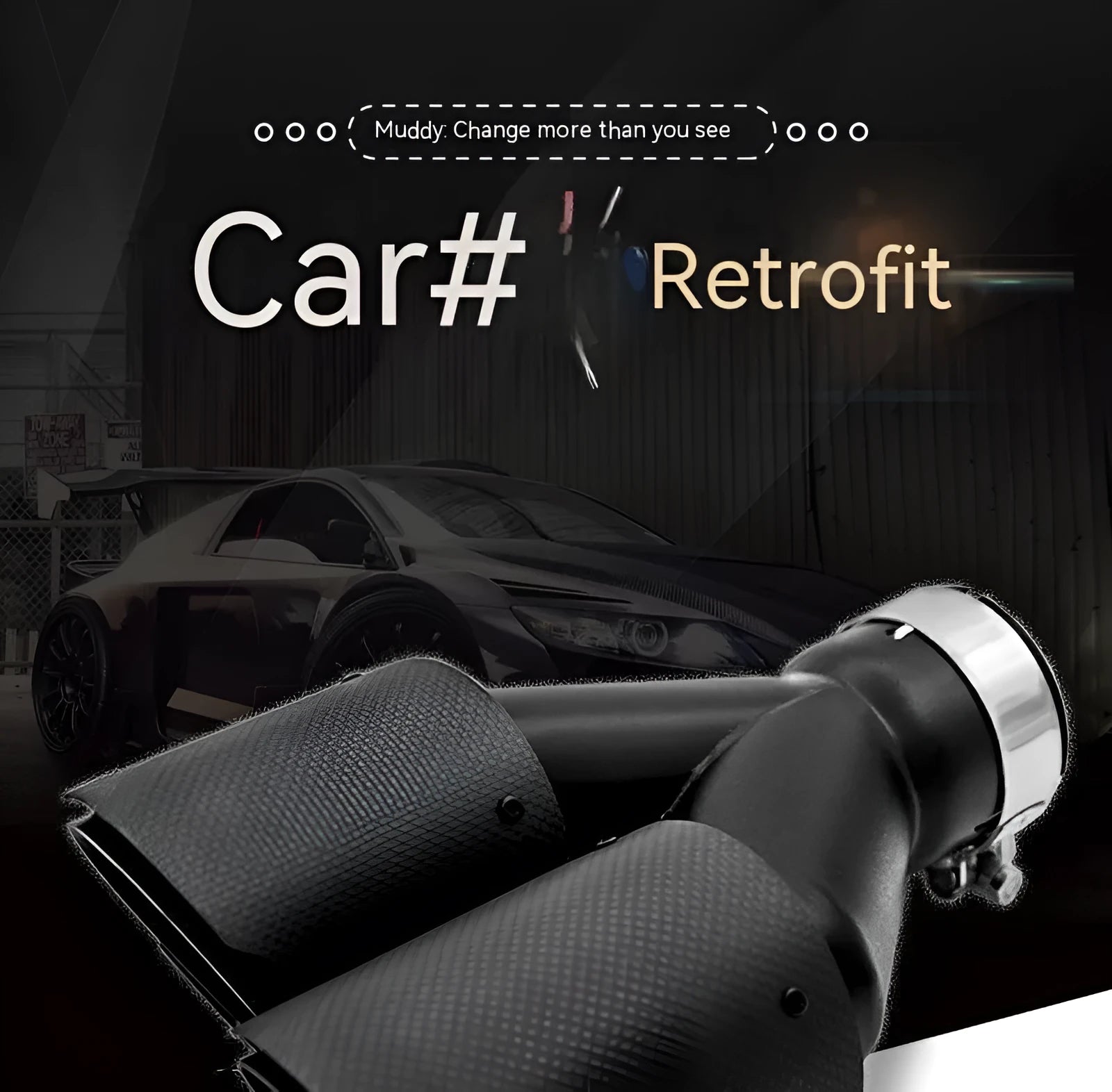 Black carbon fibre car exhaust silencer with double outlet tail nozzle, 250mm length