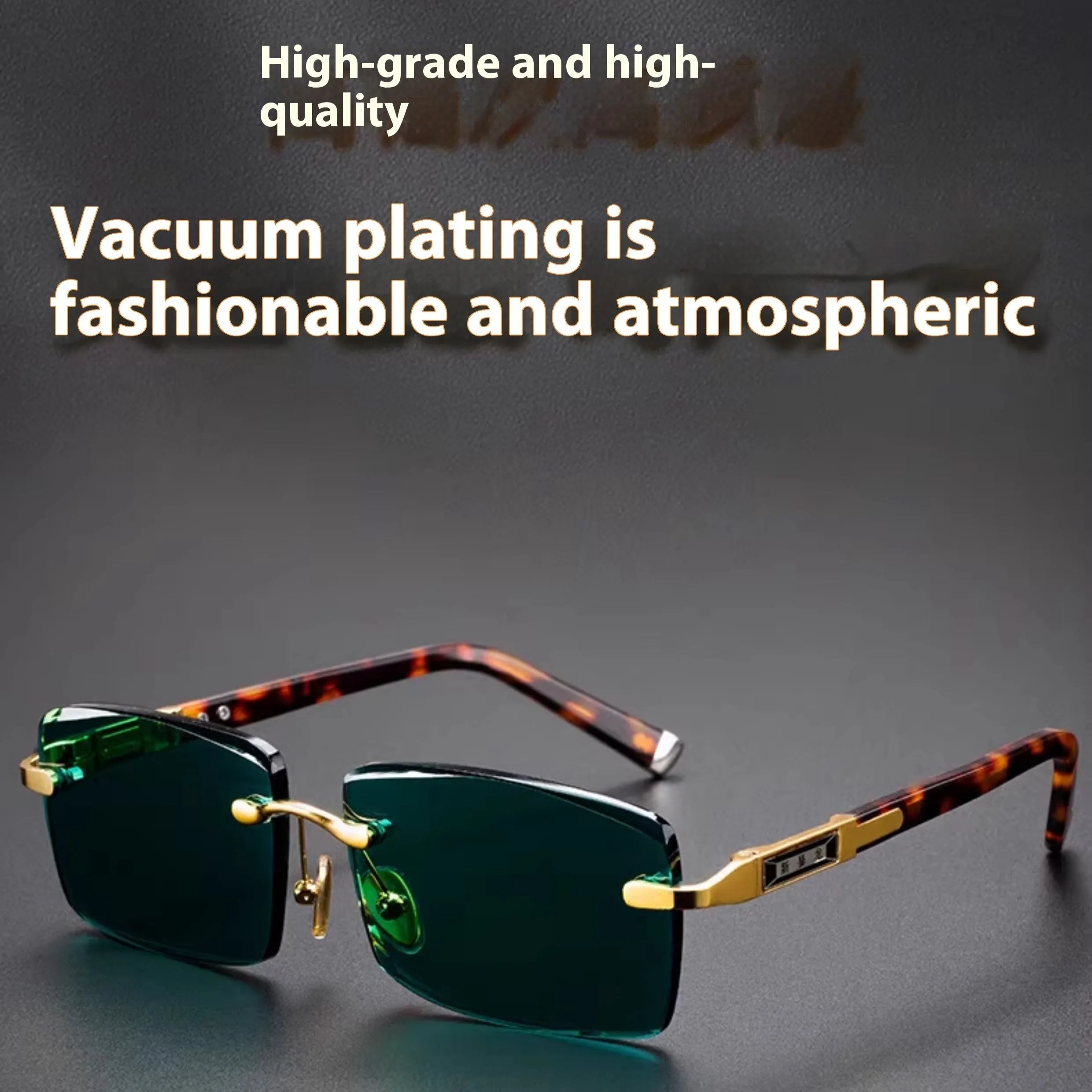 Dark green frameless crystal sunglasses shown with a glasses case and lens cloth.
