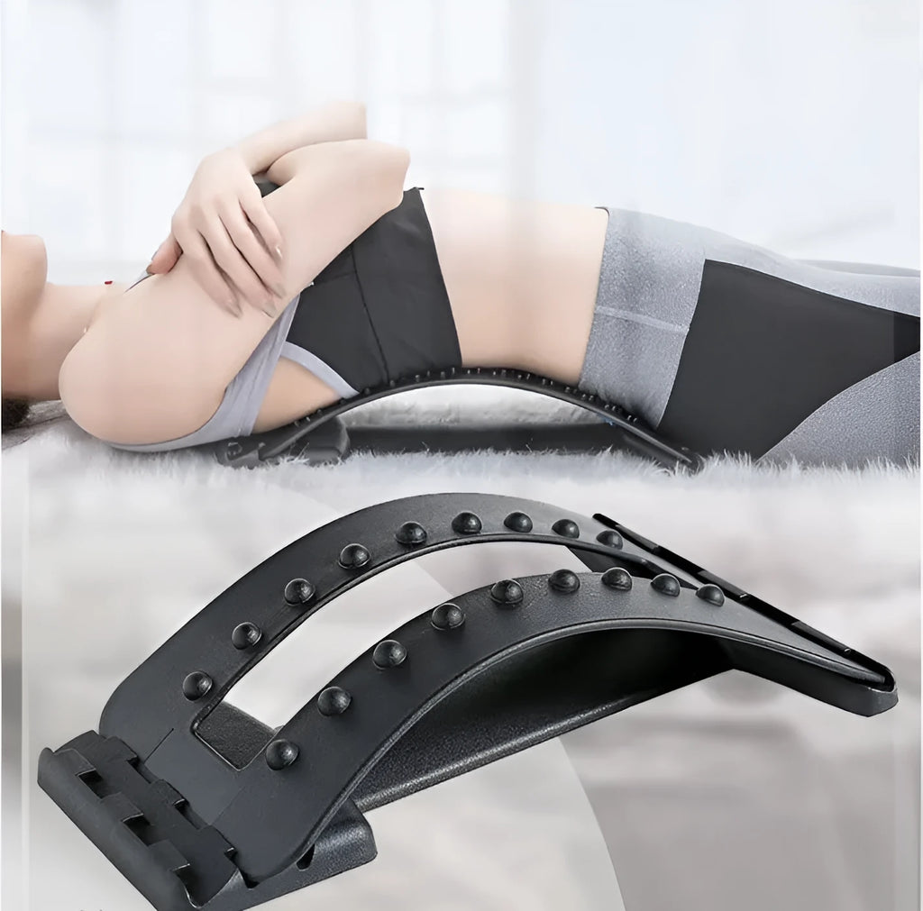 Black adjustable lumbar back massager with 96 acupressure pins and 10 magnetic points for pain relief