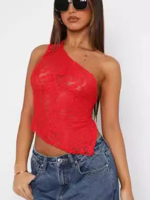 Women's lace backless sleeveless vest with asymmetrical sloped neck in solid colour Polyester fabric