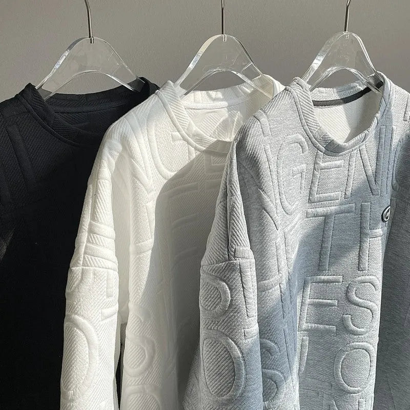 Men's grey t-shirt with raised three-dimensional letter pattern on chest, short sleeve loose fit