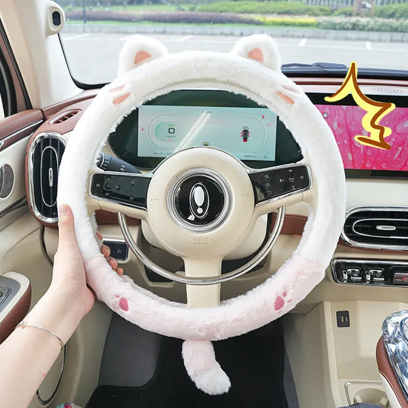 Plush car steering wheel cover with embroidered animal design for winter thermal insulation