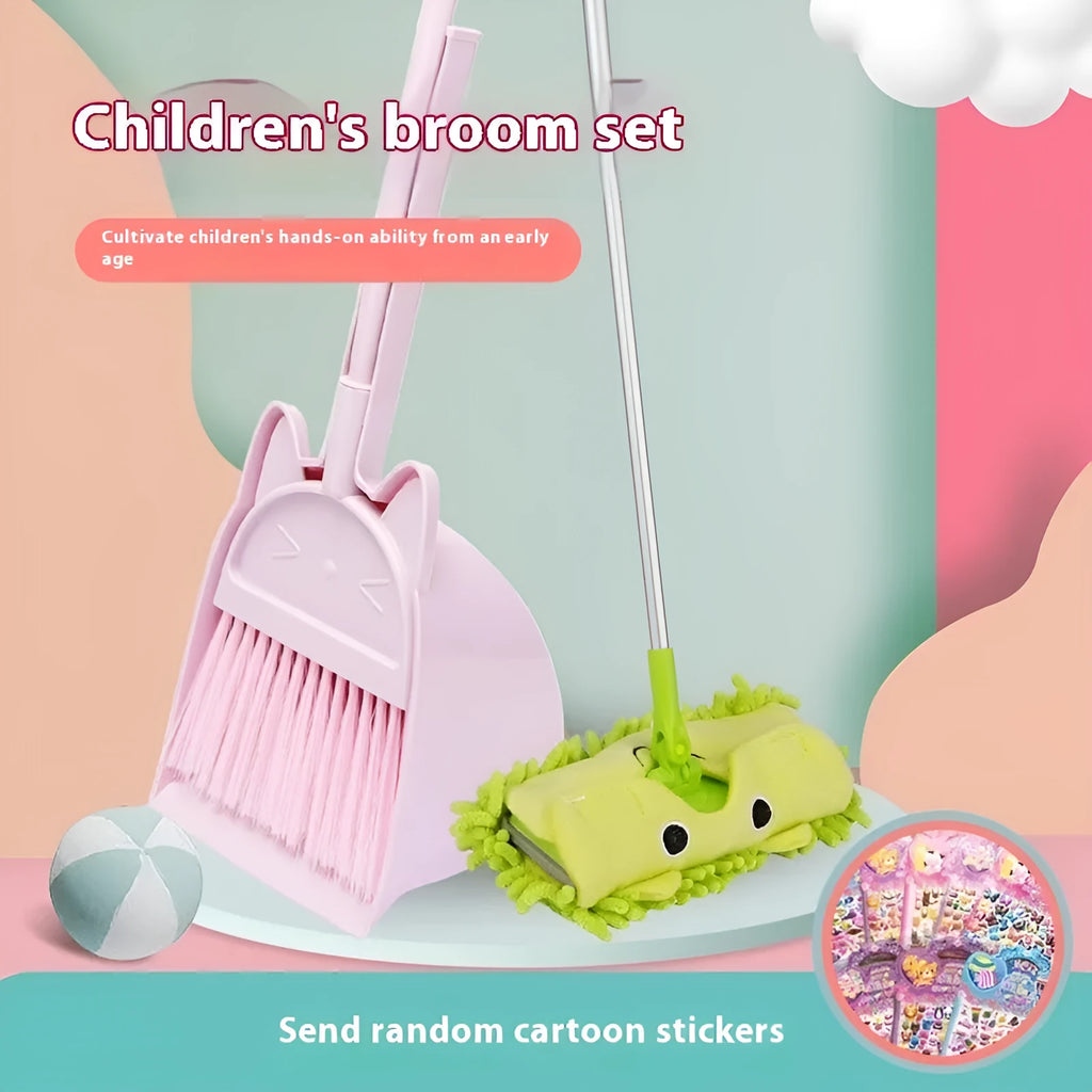 Purple plastic broom and dustpan set with non-stick rotating brush head and upright storage holder.