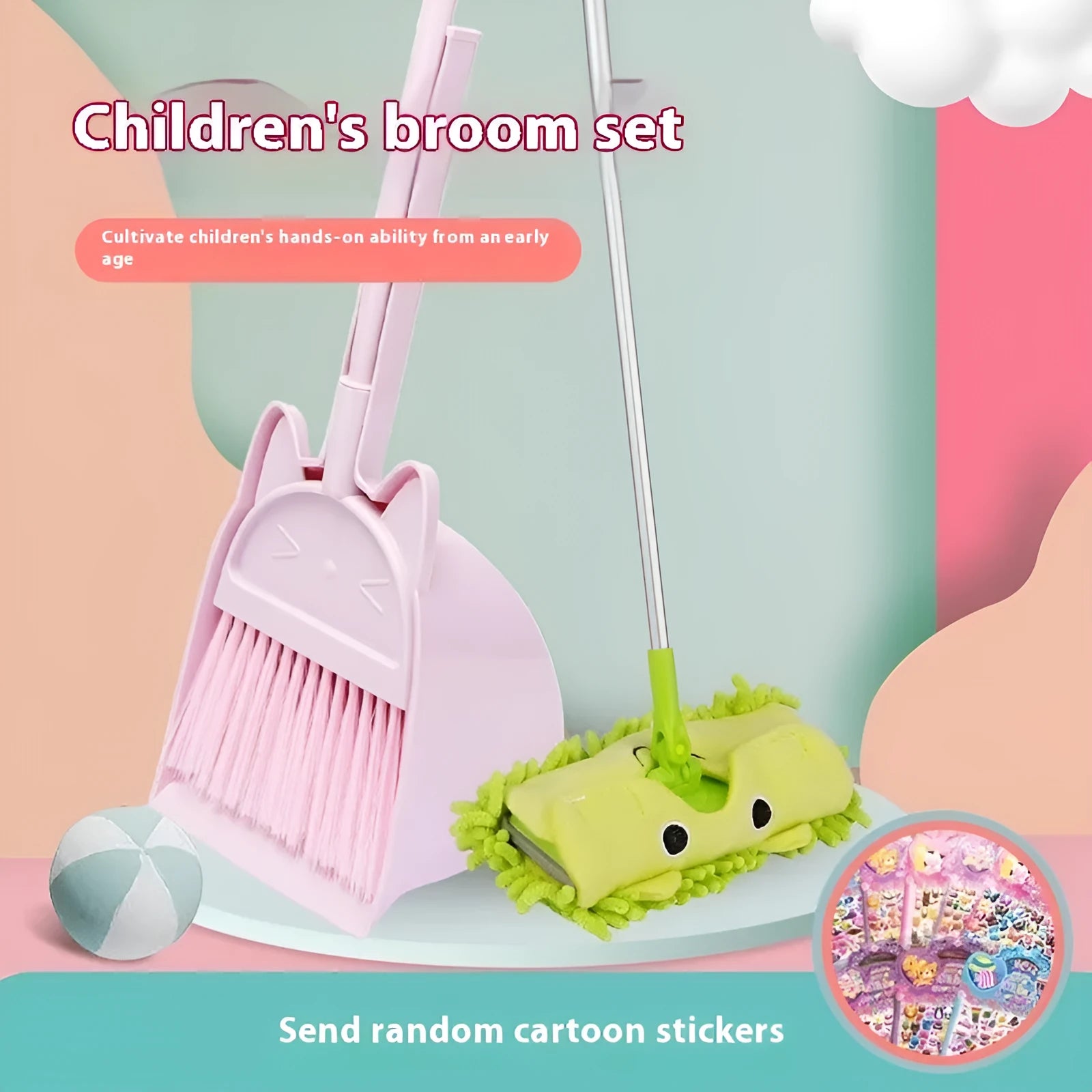 Purple plastic broom and dustpan set with non-stick rotating brush head and upright storage holder.