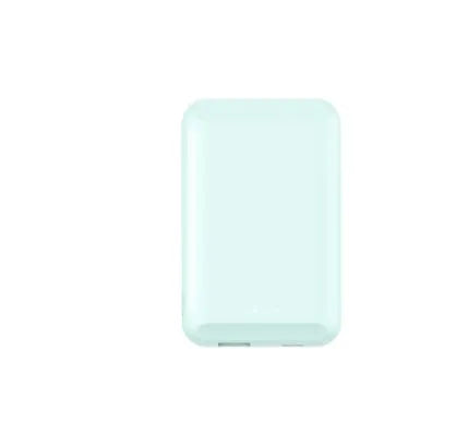 Magnetic wireless power bank in black, blue, green, pink or white, showing 5000mAh capacity.