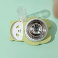 Grey panda-shaped pet feeder with tilted stainless steel bowl and automatic water bottle