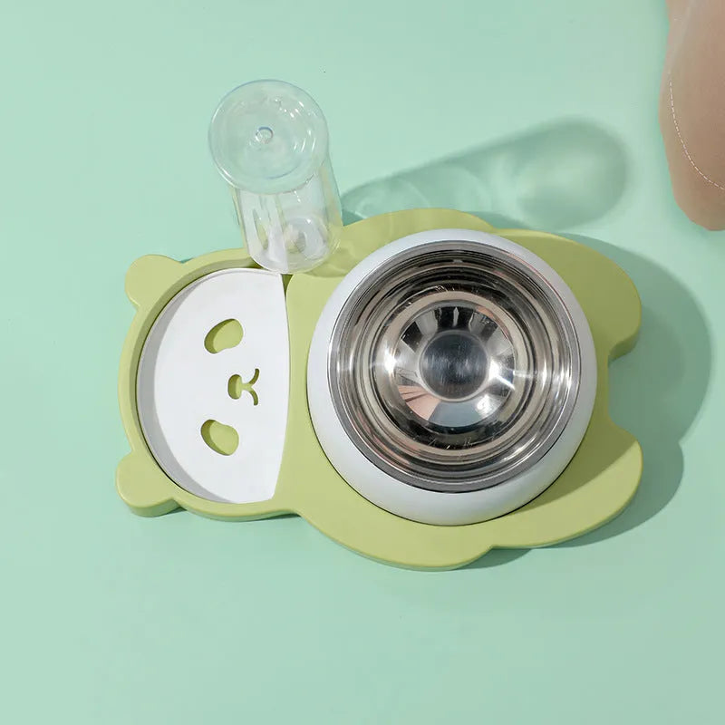 Grey panda-shaped pet feeder with tilted stainless steel bowl and automatic water bottle