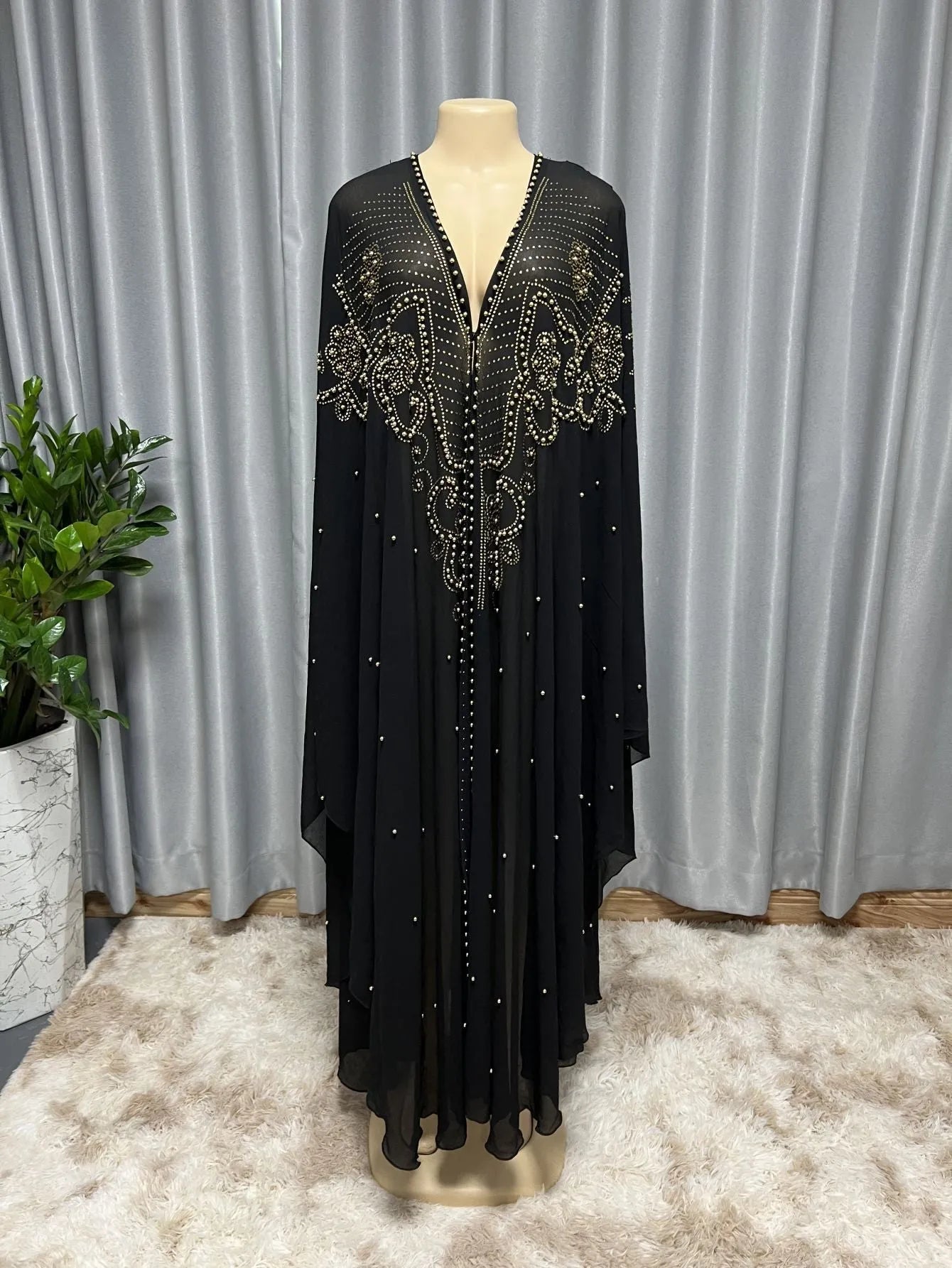 Purple chiffon cape shawl with rhinestone beading, shown draped, for women's modest wear