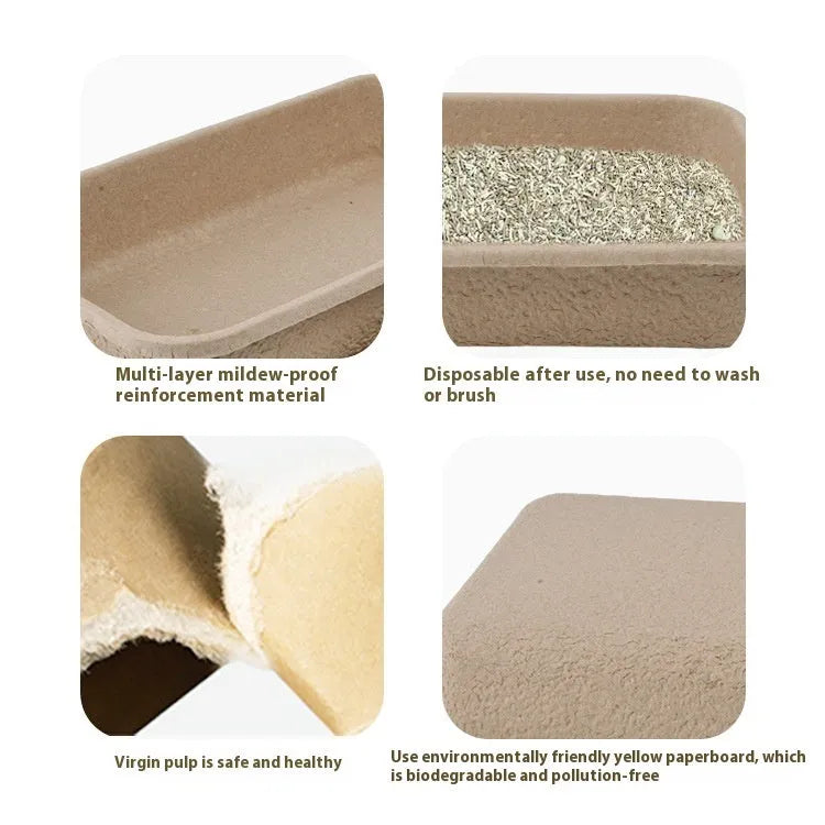 Brown disposable waterproof cat litter box with biodegradable cardboard construction showing three size options