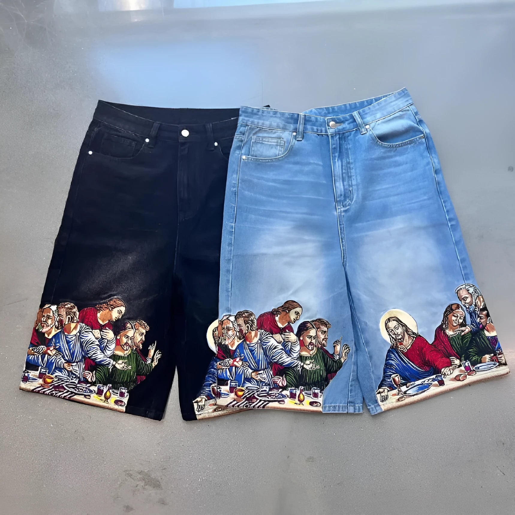 Men's cotton tapered shorts with Jesus printed back pocket detail in blue or black