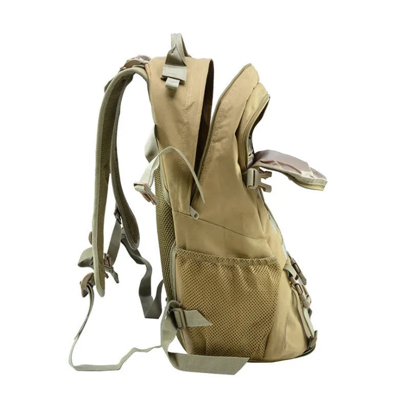Outdoor mountaineering backpack in Oxford cloth with air pillow belt system shown in camouflage colour