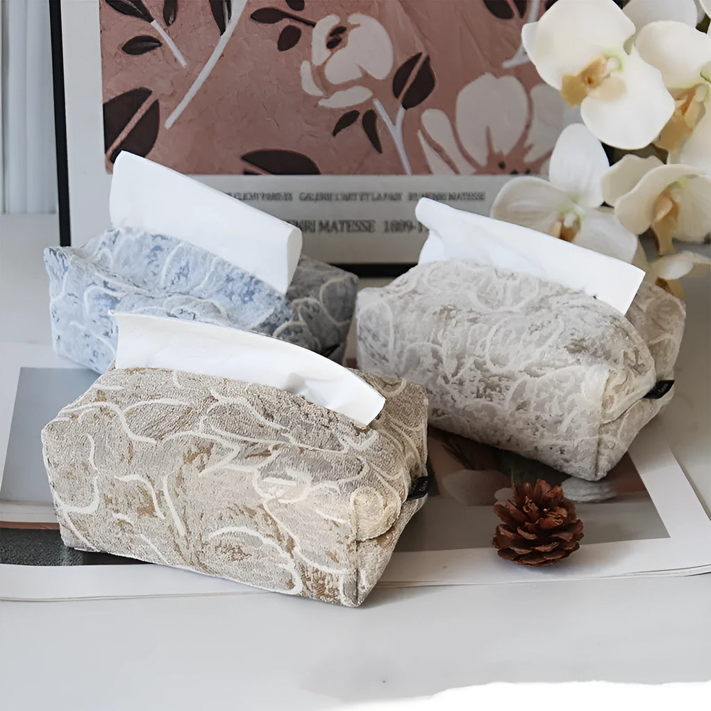 Cotton floral fabric tissue box cover in beige, blue, or brown, showing removable drawer.