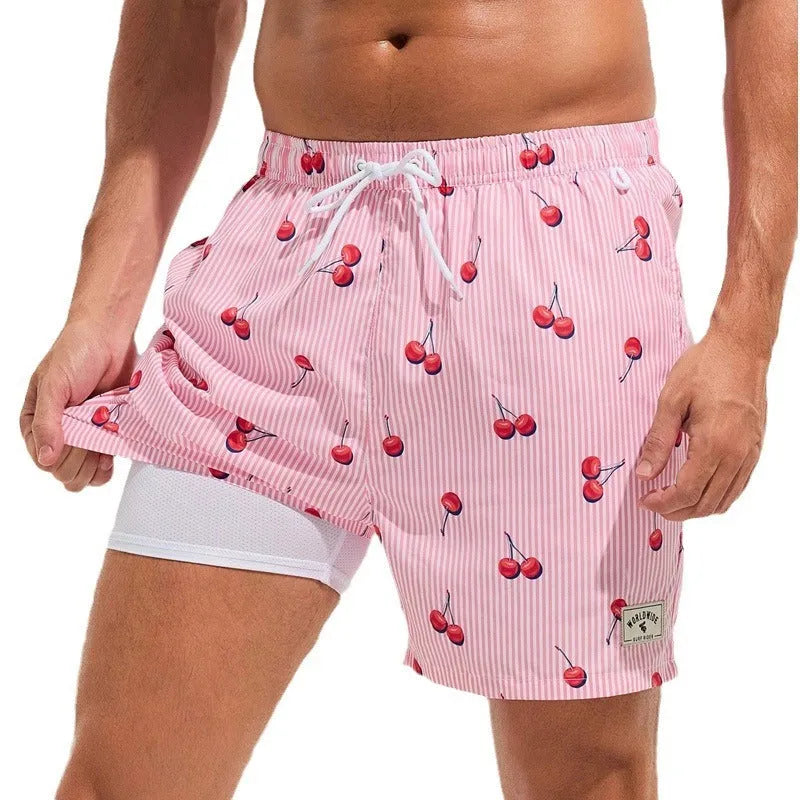 Men's loose floral pattern swimming trunks in quick-drying spandex fabric