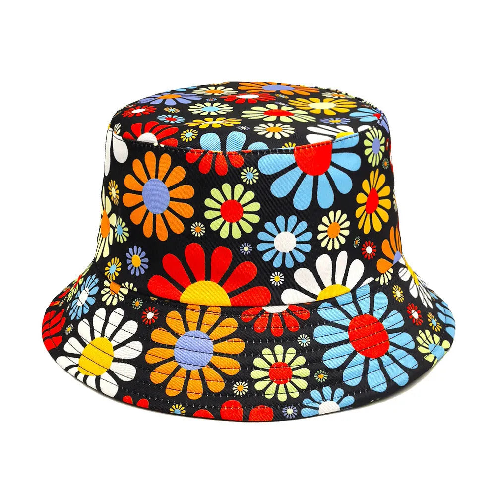 Floral print polyester bucket hat with dome crown in medium size 56-58cm