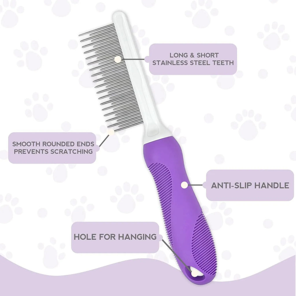 Purple pet grooming comb with stainless steel long and short teeth on a purple ergonomic handle.