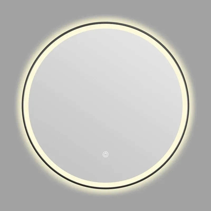 Round black aluminium frame LED bathroom mirror mounted on wall with touch control for dimmable lighting.