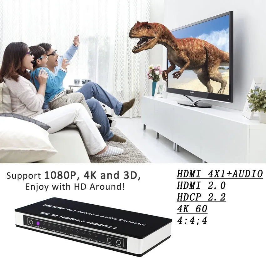 Black HDMI switch unit with four input ports, one output port, remote control, and UK plug power adapter.