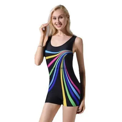 Women's black and blue one-piece swimsuit with a conservative, sleeveless design for swimming sports.