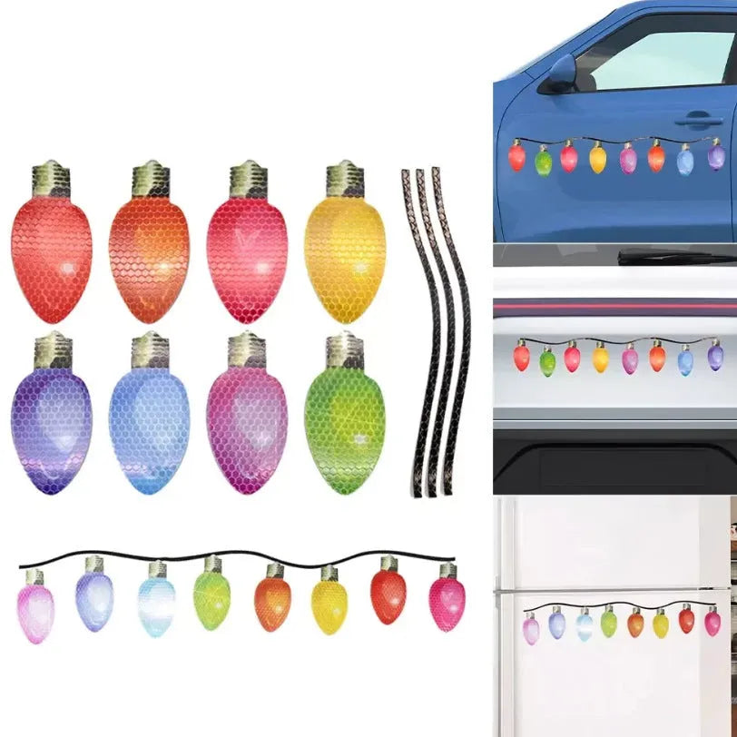 Magnetic Christmas light bulb reflective decal set with 24 bulbs and 12 wires for metal surfaces