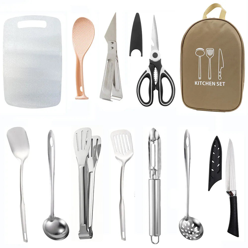 12-piece stainless steel picnic kitchenware set in khaki green brown storage bag for outdoor dining