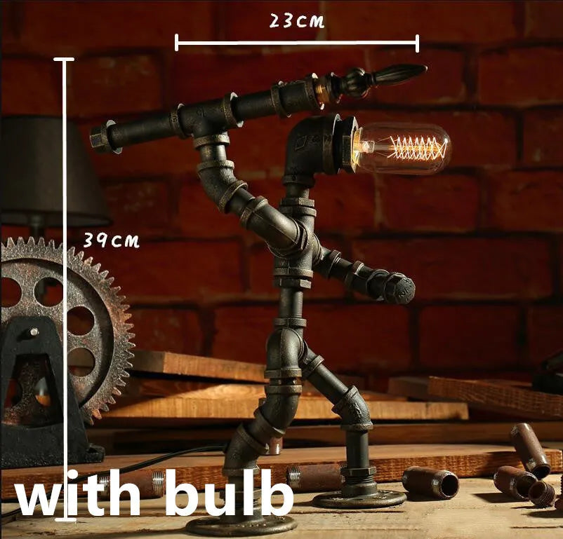 Vintage industrial robot table lamp with iron pipe design and water pipe light filtering