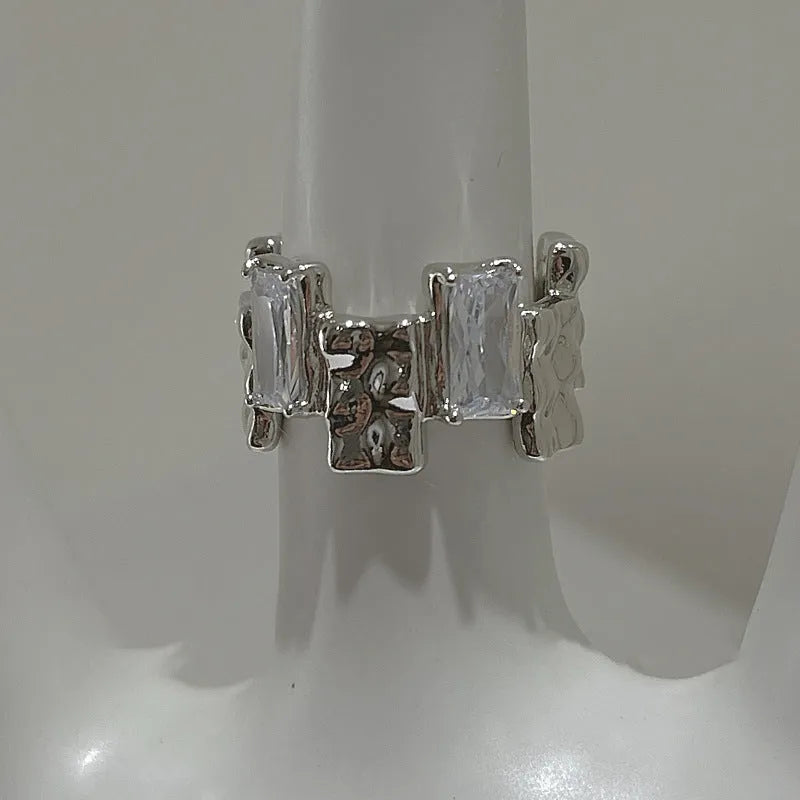 Silver cross zircon ring with open gemstone design and geometric three-dimensional decoration in retro style