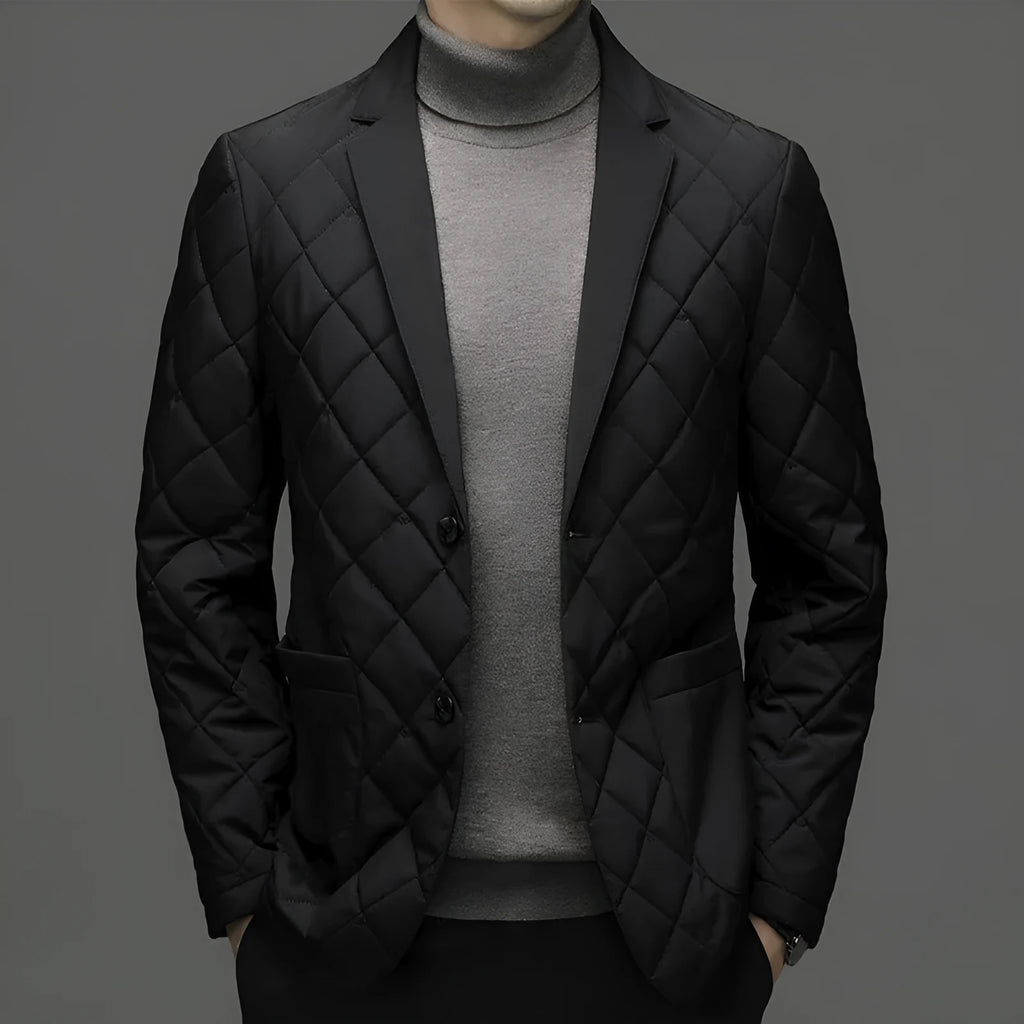 Men's solid colour lapel down jacket in cardigan style with side seam pockets.