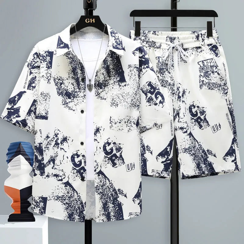 Men's grey casual polyester short-sleeve top and shorts two-piece set laid flat.