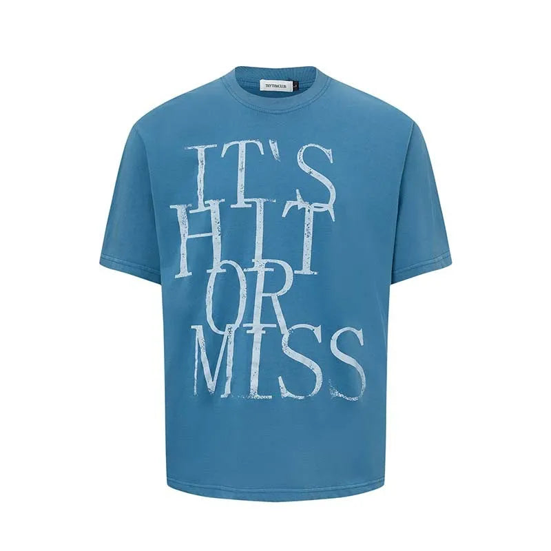 Men's blue American retro style loose-fit T-shirt with large white letter printing on the front.