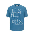 Men's blue American retro style loose-fit T-shirt with large white letter printing on the front.