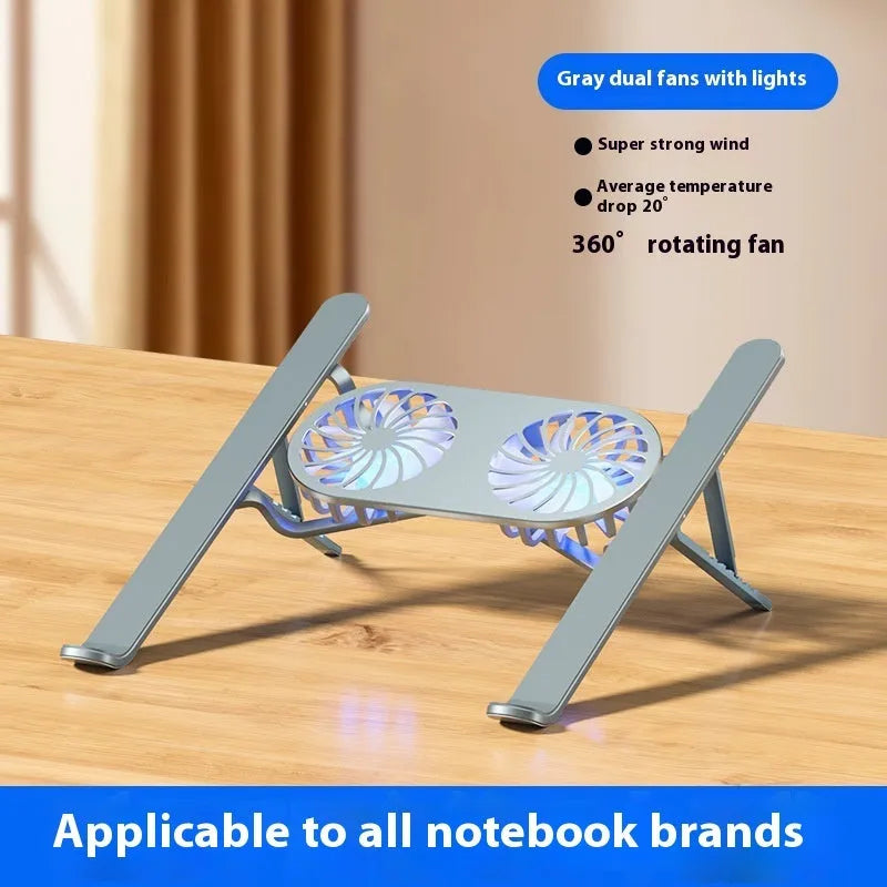 Silver aluminium laptop stand with twin cooling fans in a lifted position on a desk