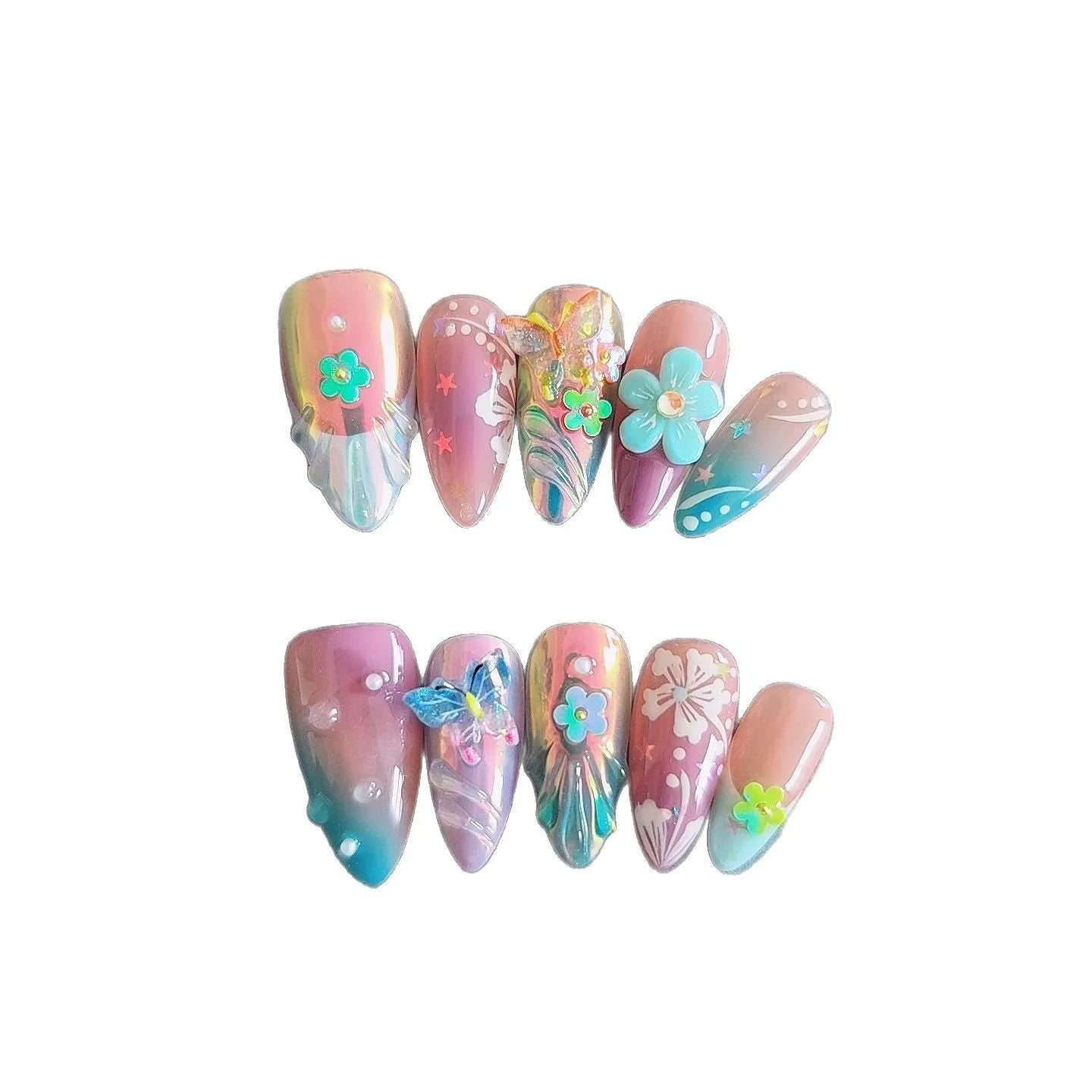 Handmade colourful manicure sculptures with floral butterfly designs for almond-shaped nails