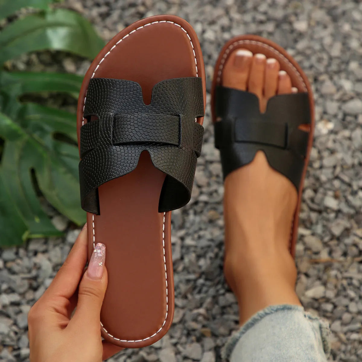 Plus size open toe flat women's slippers in Milky White with artificial PU upper and rubber sole