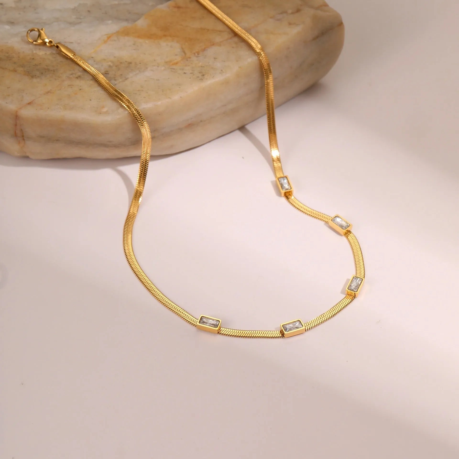 Geometric square zircon stainless steel necklace with flat snake chain in gold or steel colour
