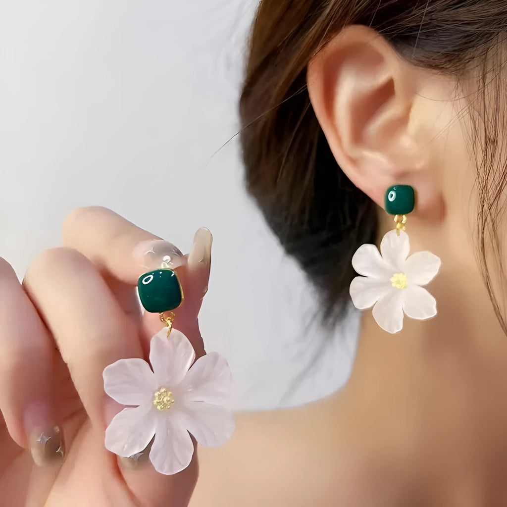 Dark green alloy earrings with needle flowers sweet design for women