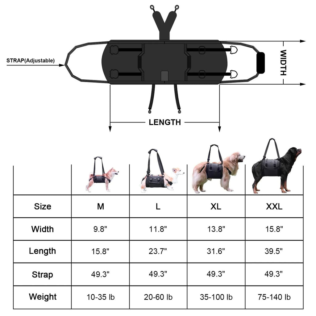 Black Oxford cloth dog rehabilitation support harness showing breast strap design for leg and chest support