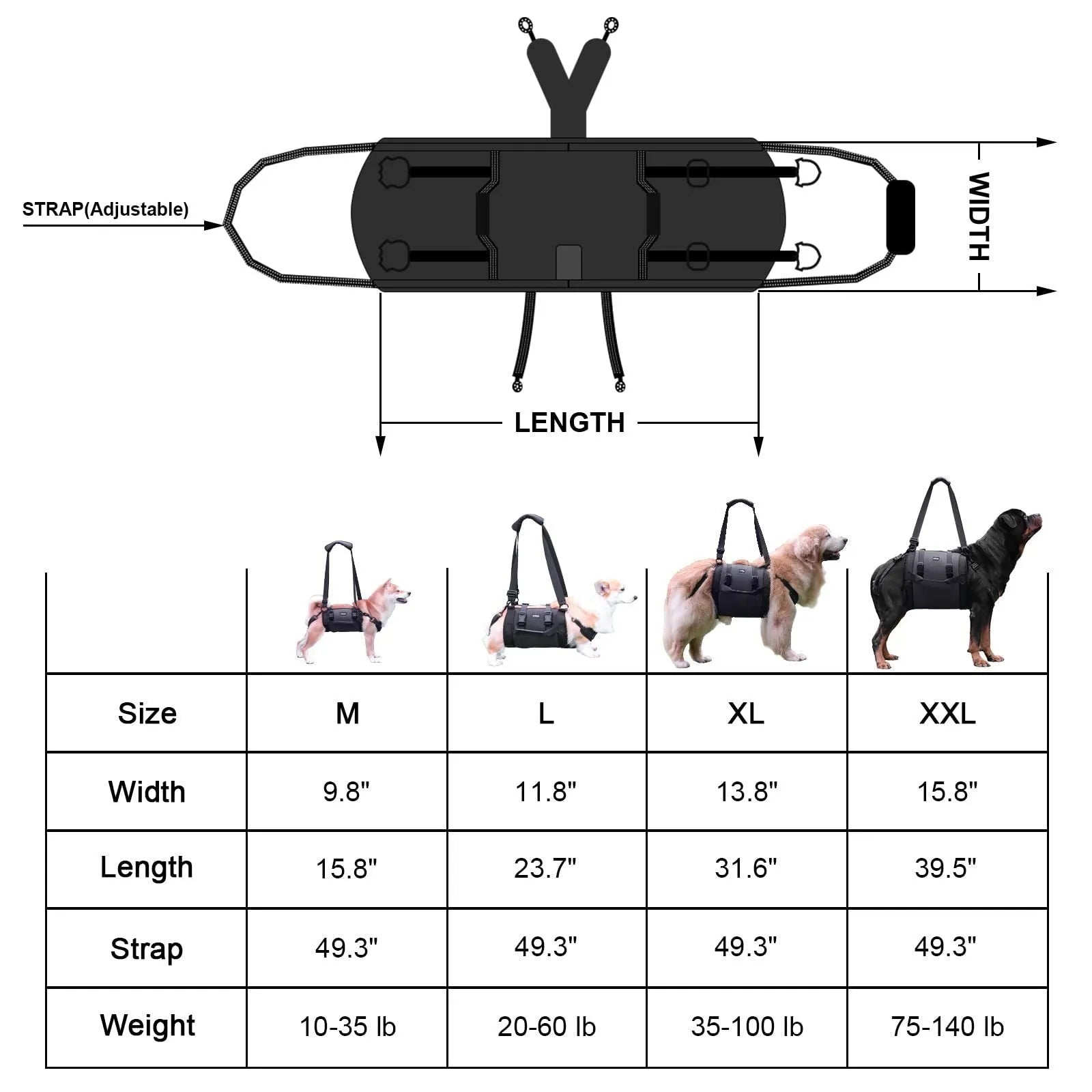 Black Oxford cloth dog rehabilitation support harness showing breast strap design for leg and chest support