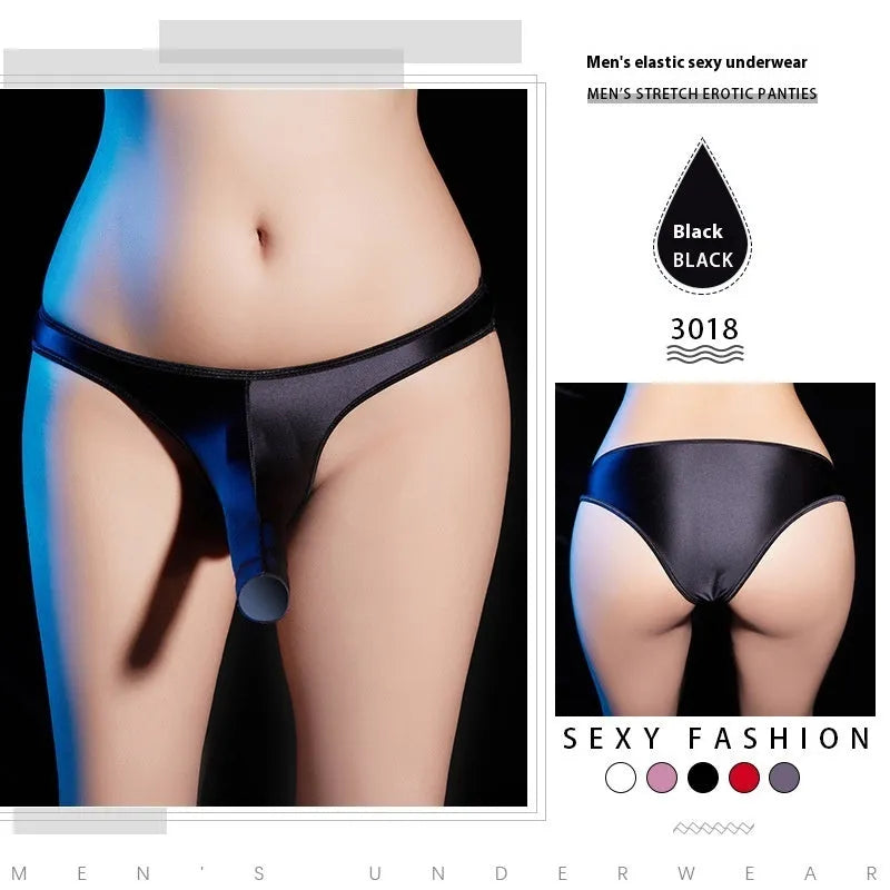 Men's low waist T-back underwear in shiny nylon fabric on a colour background showing available shades.