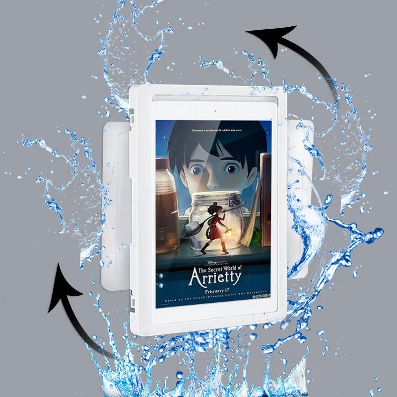 White plastic waterproof phone holder mounted on tile with phone inside, showing touch screen and anti-fog window.