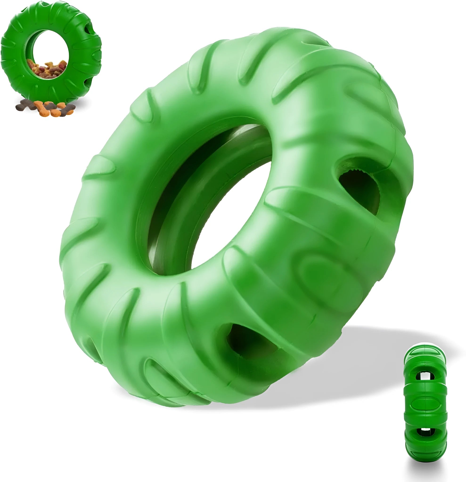 Blue natural rubber tyre-shaped dog chew toy and slow feeder on a wooden floor