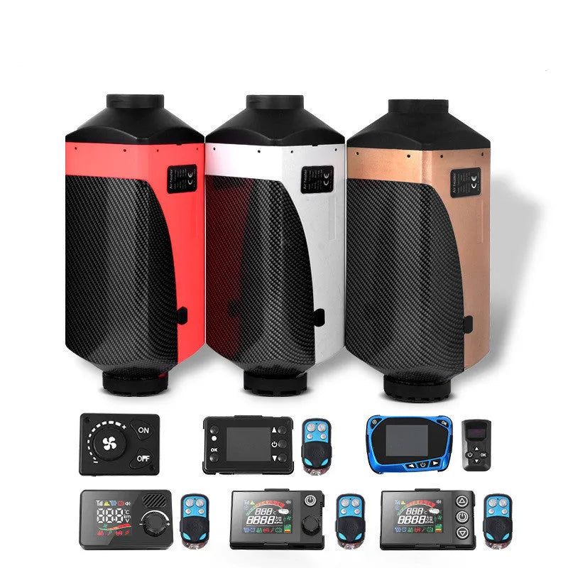 Red and black 12V 24V diesel auxiliary heater kit with fuel tank and components for vehicle installation.