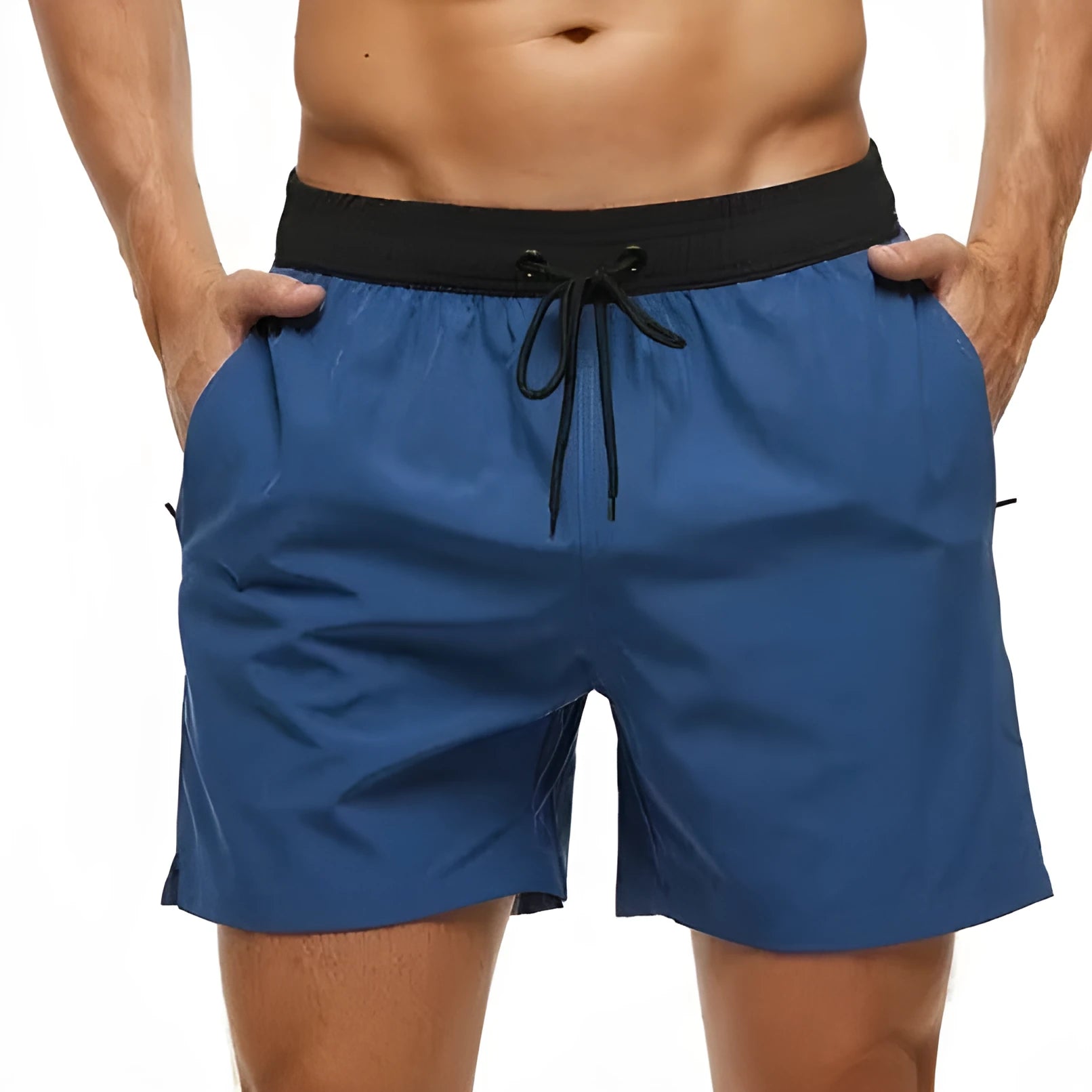 Men's blue drawstring shorts with a zippered pocket and stitching waist detail