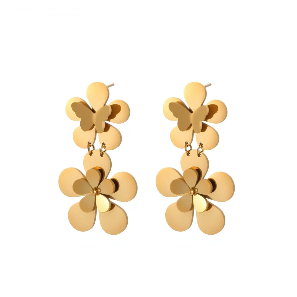 Gold flower butterfly earrings made from stainless steel with 18K electroplated finish