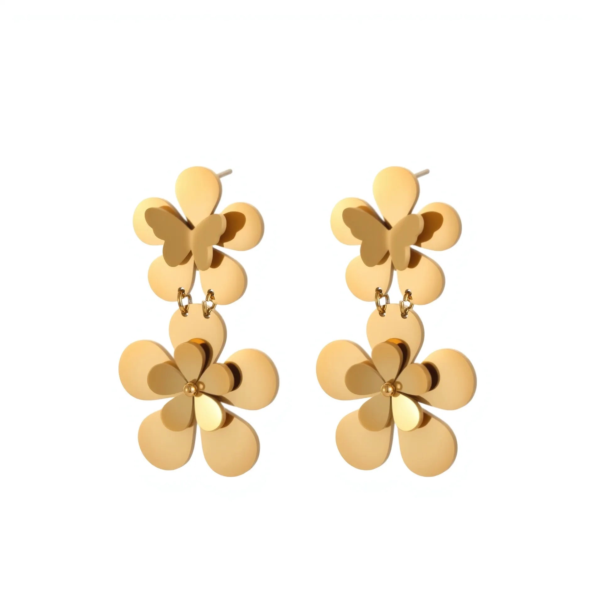 Gold flower butterfly earrings made from stainless steel with 18K electroplated finish