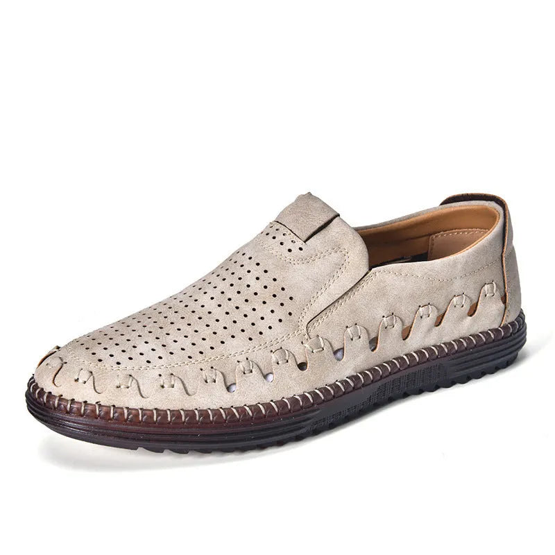 Men's brown leather slip-on casual shoes with round toe and flat PVC sole