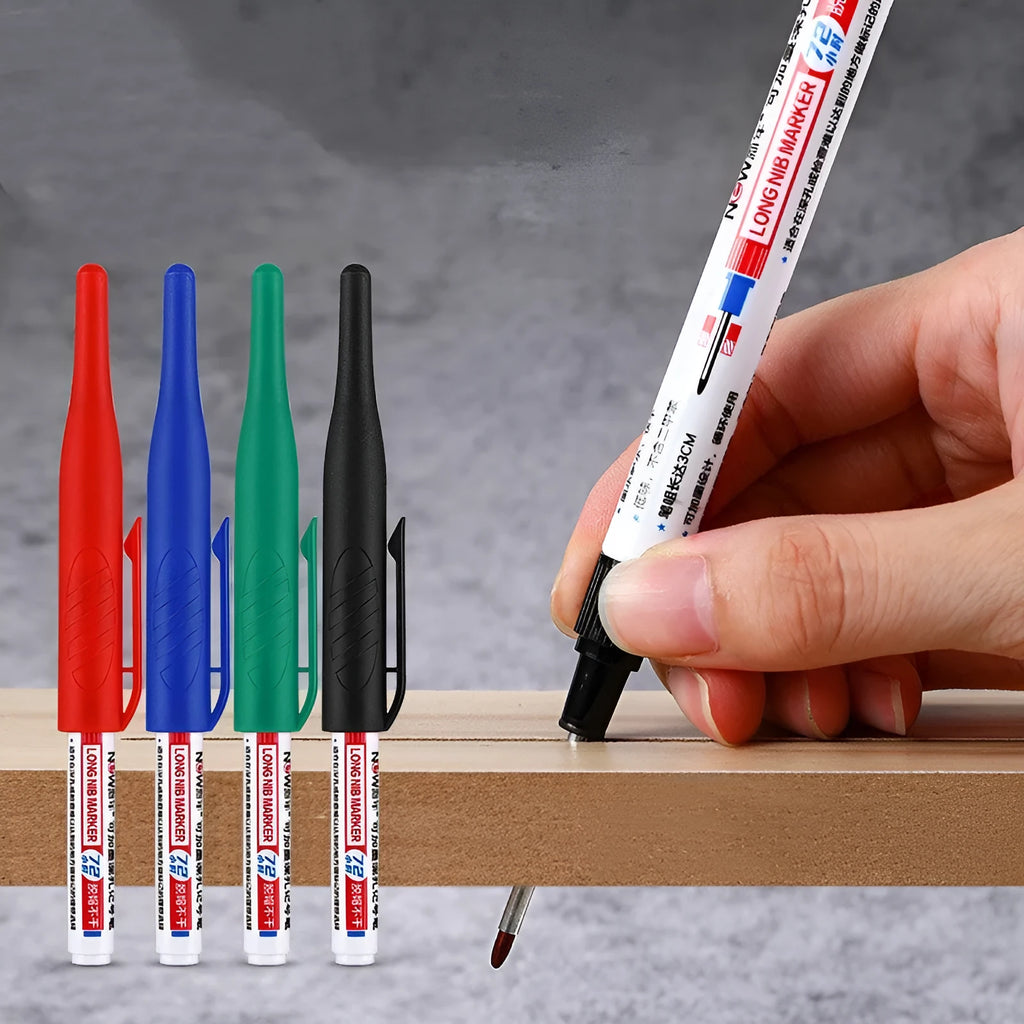 Oil marker pen for woodworking with quick-dry waterproof ink in black, red, blue, and green colours.