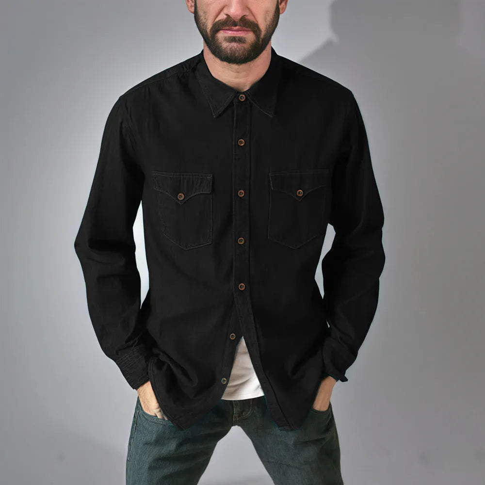 Man's khaki cotton denim cardigan coat open front, regular fit, casual style.