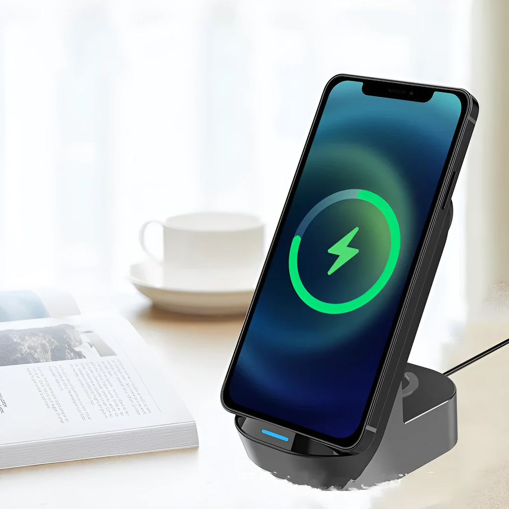 Black grey foldable 3-in-1 wireless charger vertical stand with phone, watch and headphone charging areas